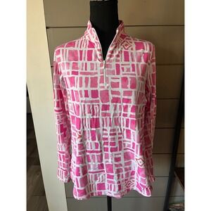 IBKUL Cordova Quarter Zip Athletic Pullover Pink White Geometric Print L